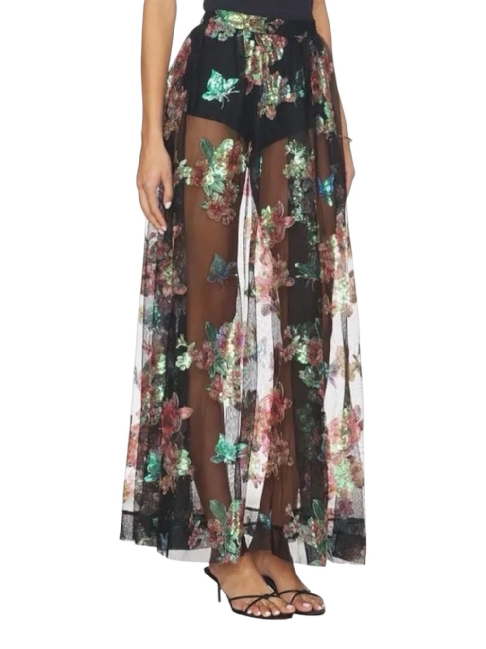 Free People Fioritura Sequin Floral Sheer Maxi Skirt Black Multi Size 4 NWT - Picture 7 of 8